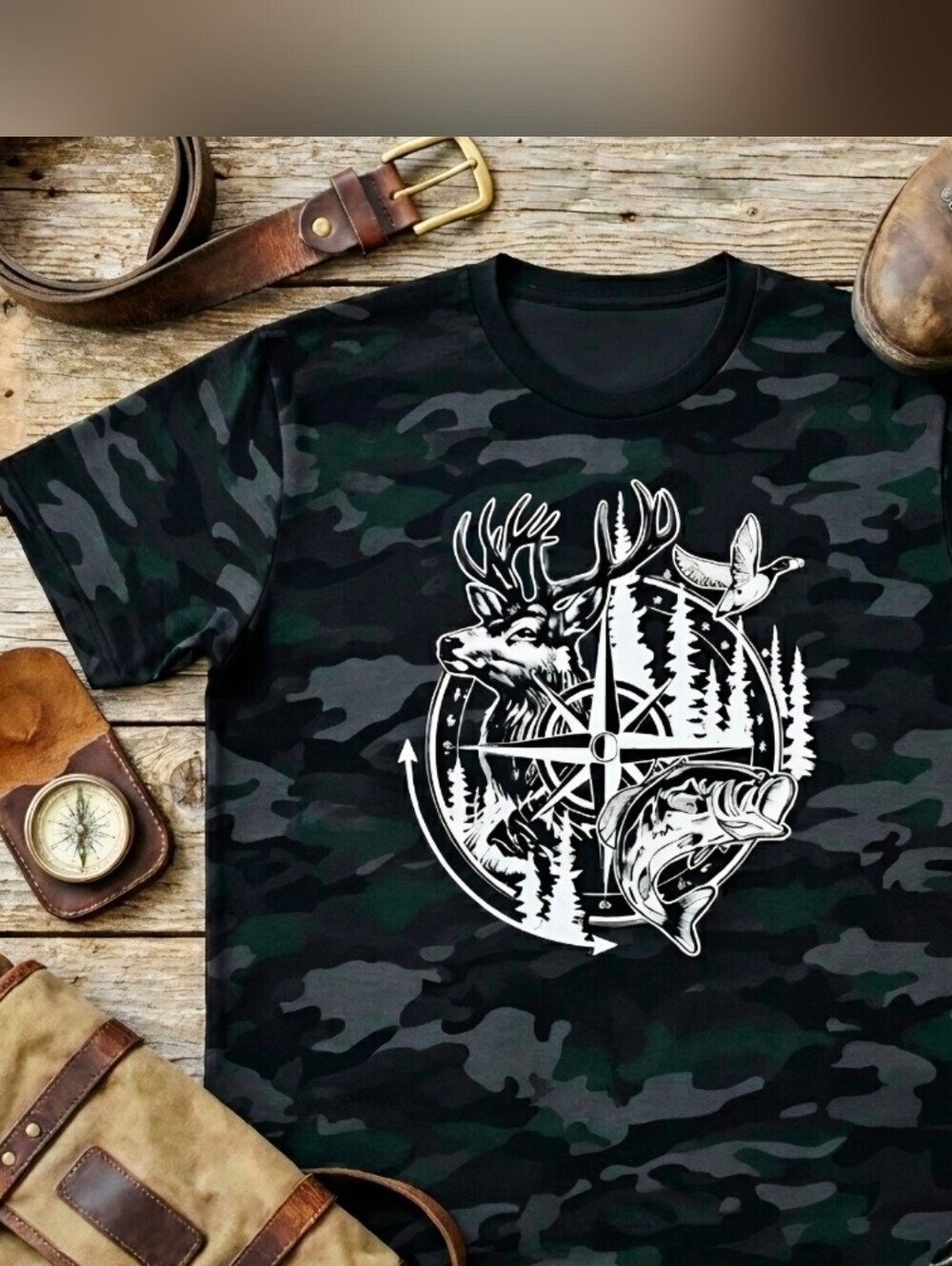 Compass Wildlife Camo Tee | Hunting Fishing Outdoors Shirt | Rustic Nature